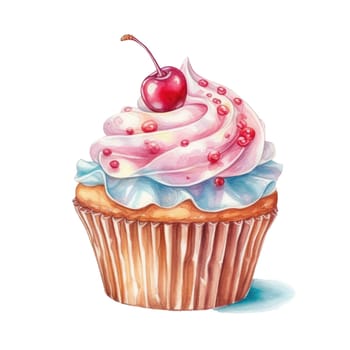 Collection of cupcakes with different ingredients. Set of sweet cakes. Colorful dessert.Watercolor illustration of cake with cream and berries.