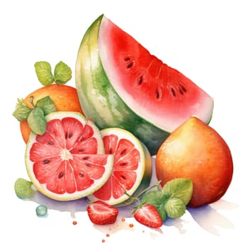 Watercolor illustration of still life with fruits on transparent background. Ai generative.