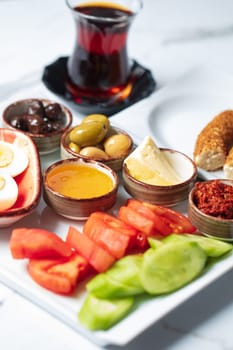 Traditional delicious Turkish breakfast, food concept photo. High quality photo