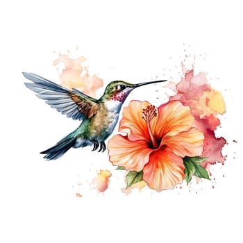 Watercolor Bird Hummingbird Flying Around the Fuchsia Flowers Summer Garden Illustration Set isolated on transparent background. Ai generative