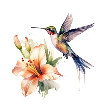 Watercolor Bird Hummingbird Flying Around the Fuchsia Flowers Summer Garden Illustration Set isolated on transparent background. Ai generative