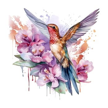 Watercolor Bird Hummingbird Flying Around the Fuchsia Flowers Summer Garden Illustration Set isolated on transparent background. Ai generative