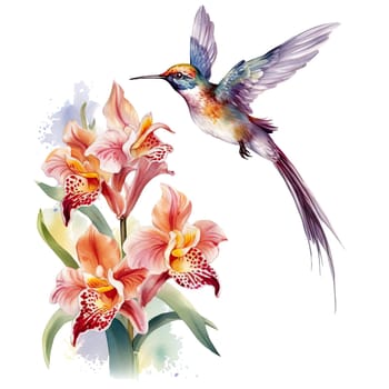 Watercolor Bird Hummingbird Flying Around the Fuchsia Flowers Summer Garden Illustration Set isolated on transparent background. Ai generative