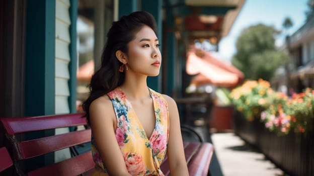 Smiling young asian woman sitting on a bench in front of as European-style cafe - generative AI - AI generated