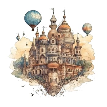 fantasy castles set, fairytale isolated castle or palace with towers, medieval fort or fortress. Fairy tale kingdom house building, castles with flags on books or sky clouds. Ai generative