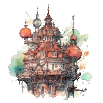 fantasy castles set, fairytale isolated castle or palace with towers, medieval fort or fortress. Fairy tale kingdom house building, castles with flags on books or sky clouds. Ai generative