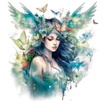 Watercolor illustration of a woodland nymph. Ai generative