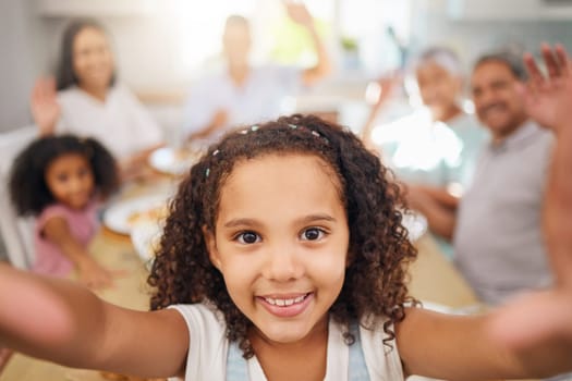 Girl, selfie and family in living room for breakfast, dinner or lunch happy together. Black family, home and dining room for food, meal and happiness in morning photo, bonding and sunshine in Chicago.