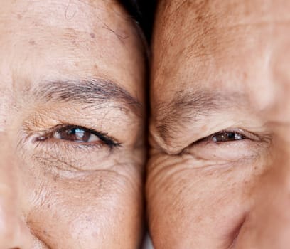 Love, eyes and half with a senior couple closeup, face touching skin wrinkles for romance in retirement. Zoom, elderly or pension with a mature man and woman bonding while feeling hope or nostalgia.