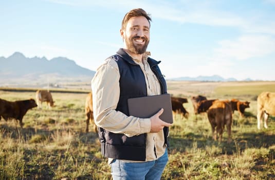 Smile, cow and agriculture with man portrait on farm for sustainability, production or thinking industry growth. Agro, tablet or happy farmer on countryside field on tech for dairy, animals or nature.