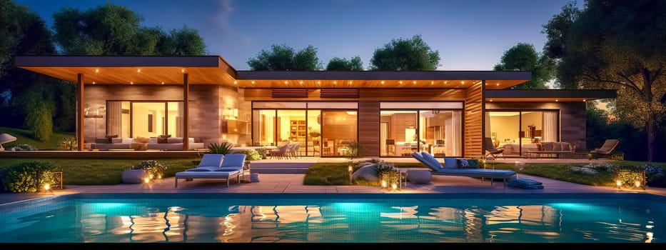 luxury villa with pool, illuminated at night, concept of life of rich successful people, exclusive real estate for sale, made with Generative AI.