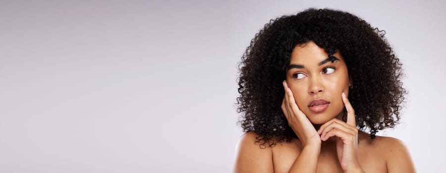 Mockup, skincare and black woman thinking, cosmetics and dermatology against grey studio background. African American female, lady and makeup for salon luxury treatment, organic facial and beauty.