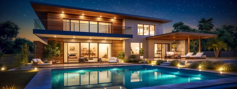luxury villa with pool, illuminated at night, concept of life of rich successful people, exclusive real estate for sale, made with Generative AI.