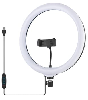 LED ring light, for selfies, with phone holder, white background in insulation