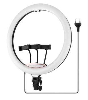 LED ring light, for selfies, with phone holder, white background in insulation