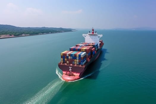 Panoramic aerial front view of a cargo ship carrying containers for import and export, business logistic and transportation in open sea with copy space . High quality image