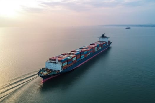 Panoramic aerial front view of a cargo ship carrying containers for import and export, business logistic and transportation in open sea with copy space . High quality image