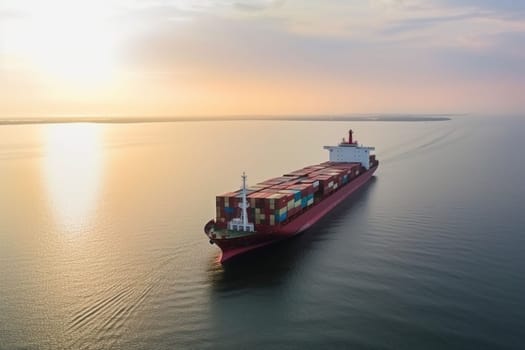 Panoramic aerial front view of a cargo ship carrying containers for import and export, business logistic and transportation in open sea with copy space . High quality image