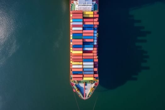 Aerial view of a cargo ship carrying containers for import and export, business logistic and transportation in open sea with copy space . High quality photo