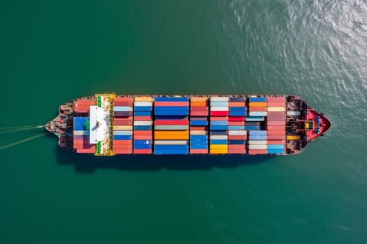 Aerial view of a cargo ship carrying containers for import and export, business logistic and transportation in open sea with copy space . High quality photo