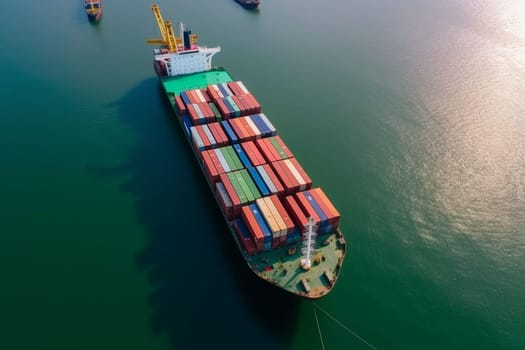 Aerial front view of a cargo ship carrying containers for import and export, business logistic and transportation in open sea with copy space . High quality photo