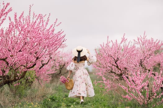 Woman blooming peach orchard. Against the backdrop of a picturesque peach orchard, a woman in a long dress and hat enjoys a peaceful walk in the park, surrounded by the beauty of nature