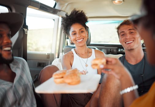 Car, road trip and diversity friends with food, burger or snacks for SUV transportation journey in Australia. Van travel adventure, happy friendship or hungry relax group of people eating fast food.