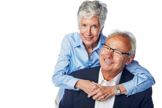Senior couple, love and happy together for hug, support care and happiness isolated in white background studio. Elderly man, woman smile portrait and hugging, quality time romance or relax bonding.