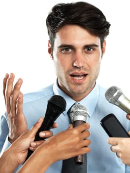 Reporter microphone, portrait and interview for businessman, government worker or speaker. Speech, communication and hands of news journalist asking question to politician on white background studio.