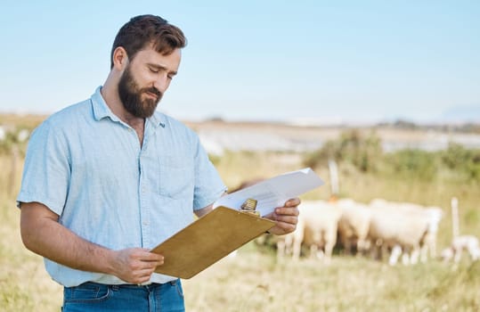 Farmer, thinking or clipboard paper on livestock agriculture, countryside environment or nature land for sheep growth management. Man, farming or worker and documents for animals healthcare insurance.