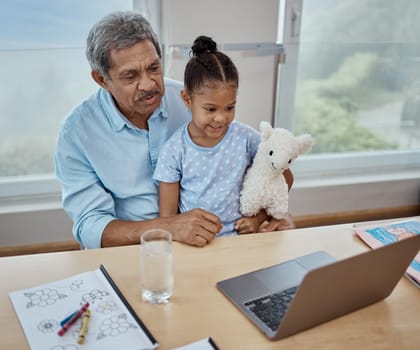 Homework, elearning and grandfather with girl and laptop for streaming, schoolwork or home schooling. Internet , technology and education with old man and child for subscription or distance learning.