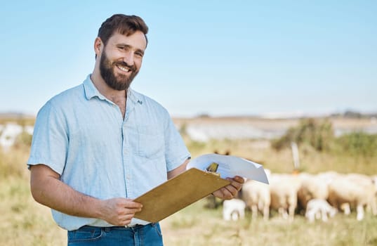 Farmer, portrait or clipboard paper on livestock agriculture, countryside environment or nature in sheep growth management. Happy man, farming or worker and documents for animals healthcare insurance.