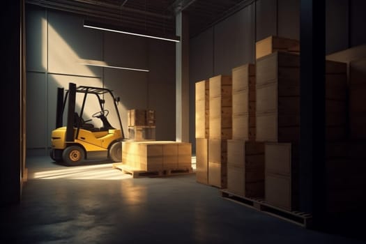 logistic truck storage shipping freight cargo handling distribution sun facility vehicle store forklift box transportation container stacking warehouse delivery equipment. Generative AI.