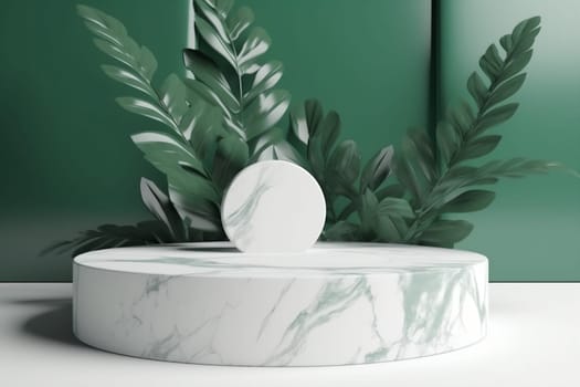 product marble up show color cosmetic platform leaf creative bright scene summer object design space blank mock green fresh podium illustration. Generative AI.