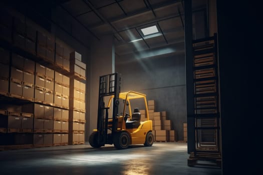 box sun forklift facility freight crate shipment delivery stockpile transport worker working factory distribution transportation vehicle storage cargo warehouse logistic. Generative AI.