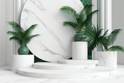 abstract stage beauty mock color space natural summer shadow leaf podium creative green marble 3d composition up design platform modern cosmetic. Generative AI.