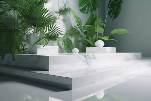 summer stage cosmetic up mock show object display composition green leaf template scene space platform design presentation marble podium color creative. Generative AI.