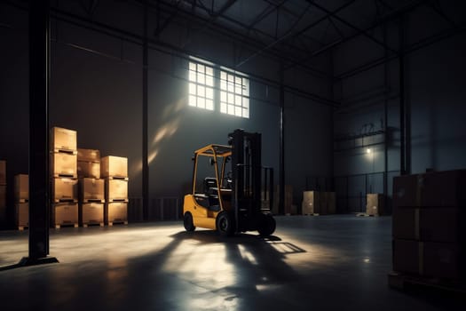 cargo distribution stockpile forklift delivery equipment box warehouse container commercial machine transportation logistic operator sun industrial unloading storage crate transport. Generative AI.