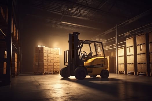 transportation factory logistic cardboard truck operator handling sun transport storage unloading box storehouse distribution forklift delivery cargo loading machinery warehouse. Generative AI.