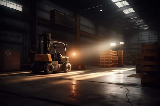 store warehouse forklift worker delivery transportation machinery distribution storehouse logistic vehicle truck industrial freight box cargo pallet cardboard storage stockpile. Generative AI.