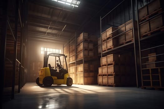 industrial business logistic worker forklift sun operator storage commercial distribution transportation warehouse cargo loader machine delivery box truck freight transport. Generative AI.