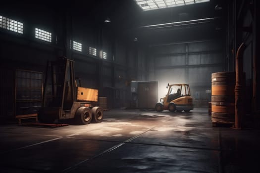 working transportation forklift delivery machinery warehouse container industry factory vehicle shipment logistic facility unloading transport crate storage distribution box cargo. Generative AI.