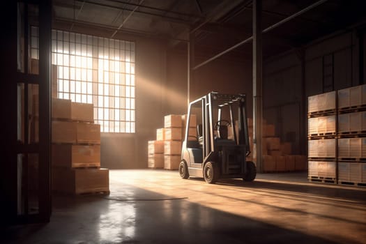 transport loading business industrial warehouse cargo box truck equipment rack sun distribution handling shipment transportation forklift delivery loader storage logistic. Generative AI.
