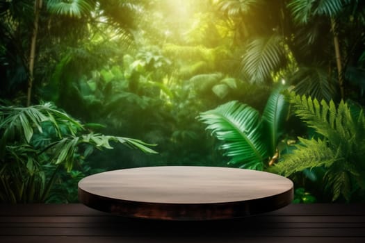 green color platform shape background abstract leaf mock creative palm stage podium template show modern display up space design wooden concept. Generative AI.