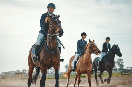 Equestrian, horse riding and sport, women in countryside outdoor with rider or jockey, recreation and speed. Animal, sports and fitness with athlete, group and competition with healthy lifestyle.