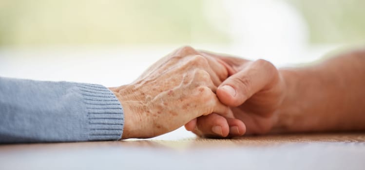 Healthcare, help or people for support holding hands of patient for trust, consulting or cancer news zoom. Friends, family or hand for empathy with comfort, depression wellness or sad funeral advise.