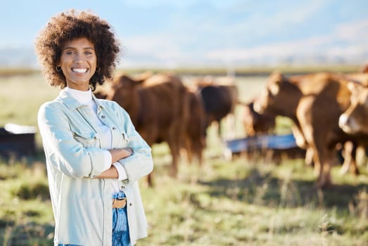 Smile, cow and agriculture woman on farm for sustainability, production or thinking industry growth. Agro, arms crossed or management of farmer on countryside field for dairy, animals for nature.