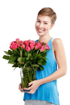 Woman, smile and roses in portrait, happy with Valentines day gift and love, nature isolated on white background. Face, beauty and romance with celebrate holiday or anniversary with flowers in studio.