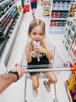 Dad carries a little girl with a plush rabbit in her hands in a supermarket cart. High quality photo
