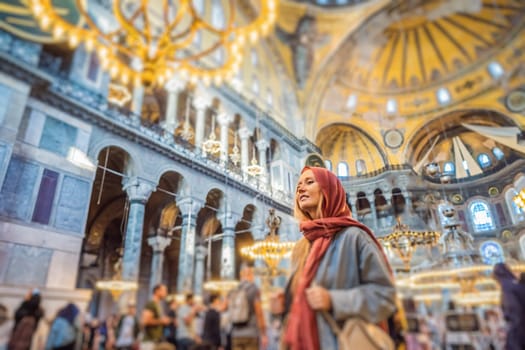 Woman tourist enjoying Hagia Sofia, Ayasofya interior in Istanbul, Turkey, Byzantine architecture, city landmark and architectural world wonder. Turkiye.